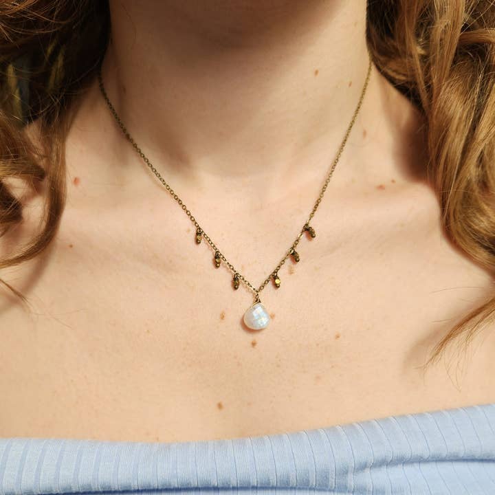 Rainbow Moonstone Brass Bead Fringe Necklace for wholesale by Edgy Petal Jewelry