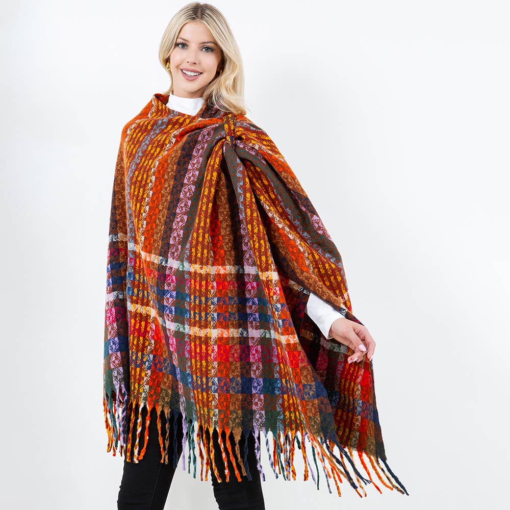 Sensibling Corp. – wholesale Poncho – Women's – Plaid Fringe Poncho Wrap Shawl2