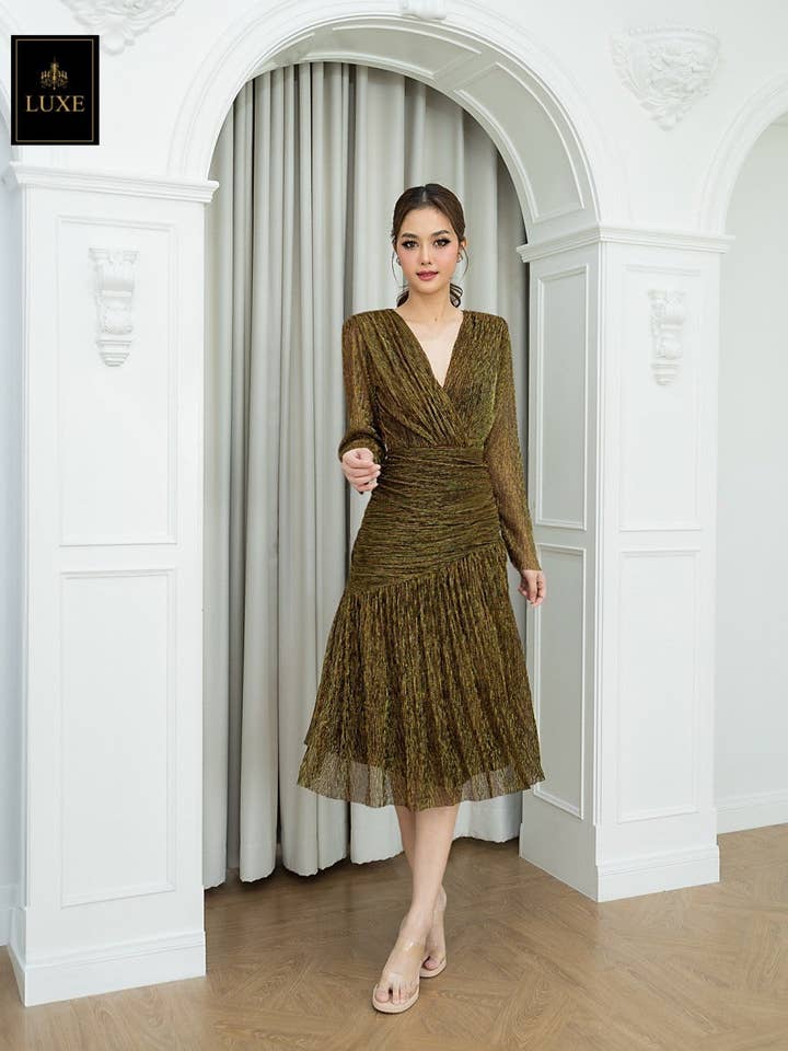 Draped Metallic Long Sleeve Midi Dress for wholesale by AlexyDesings