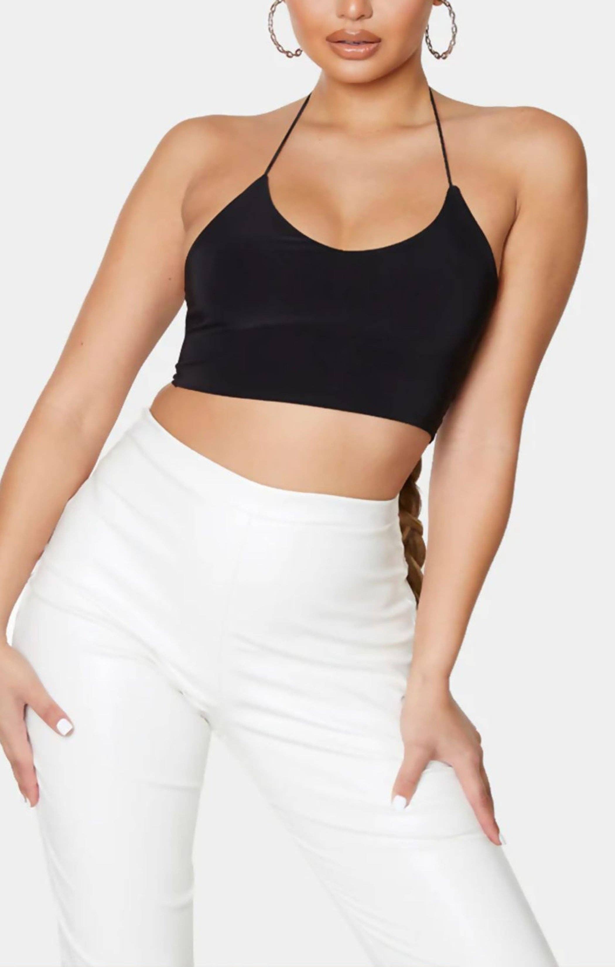 Black Slinky Spaghetti Strap Halterneck Crop Top - Carisella for wholesale on Faire