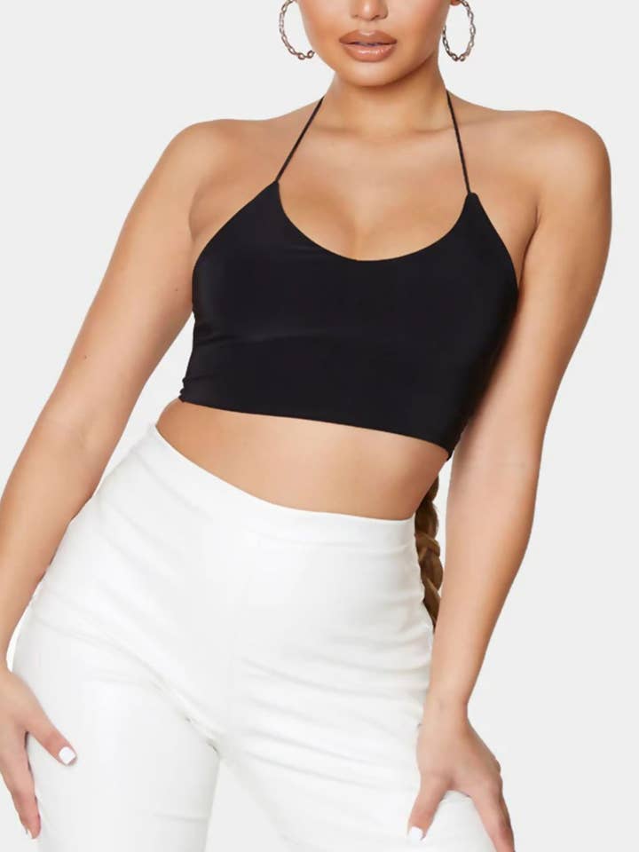 Black Slinky Spaghetti Strap Halterneck Crop Top - Carisella for wholesale on Faire0