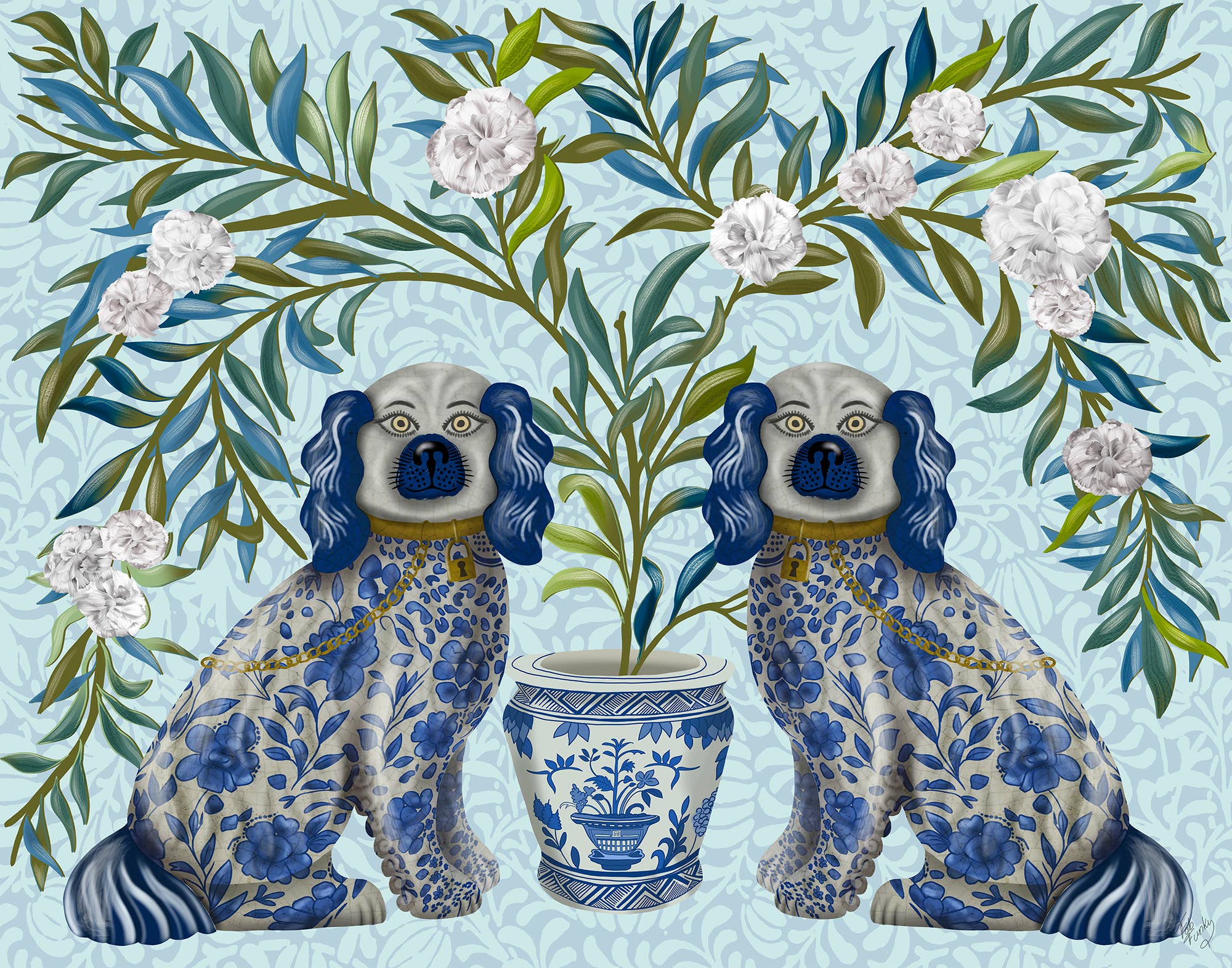 FabFunky Ltd - Wholesale Art Print - Chinoiserie Staffordshire dog twins blue, Giclee Art Print