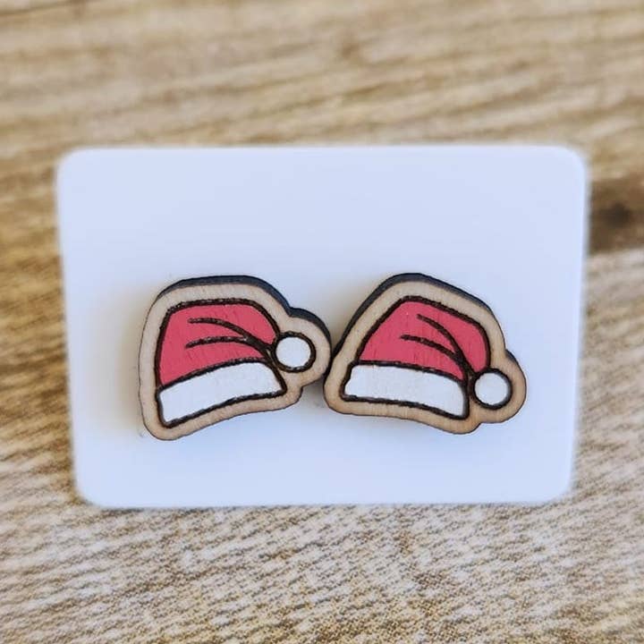 Santa Hat Wood Stud Earrings for wholesale by Kate Tuesday Jewelry