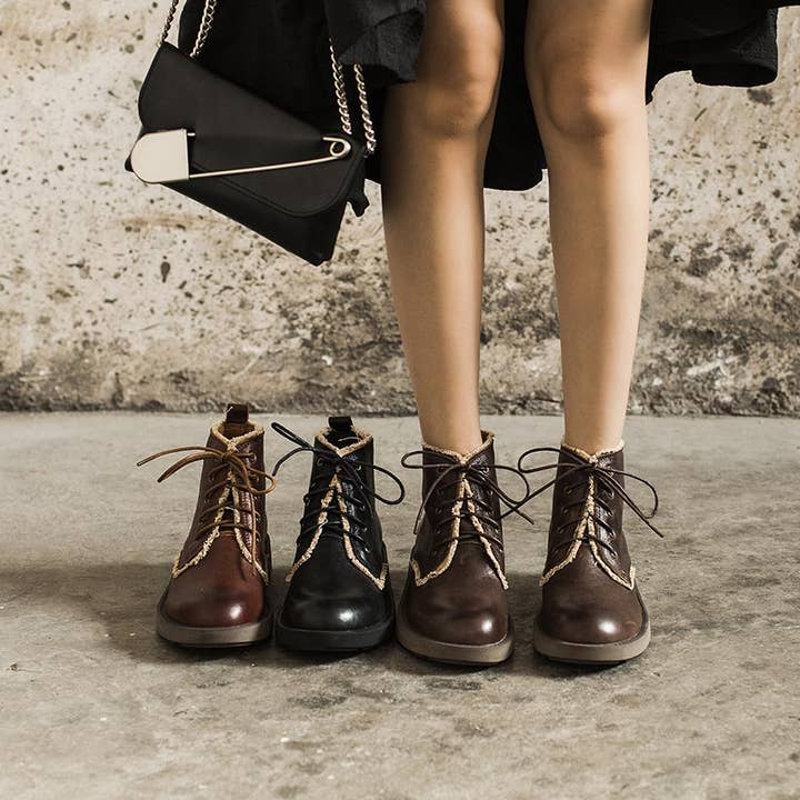 Botas de combate de piel de oveja hechas a mano, botines gruesos retro de diseñador, café/café oscuro, negro para venta al por mayor de DWARVES