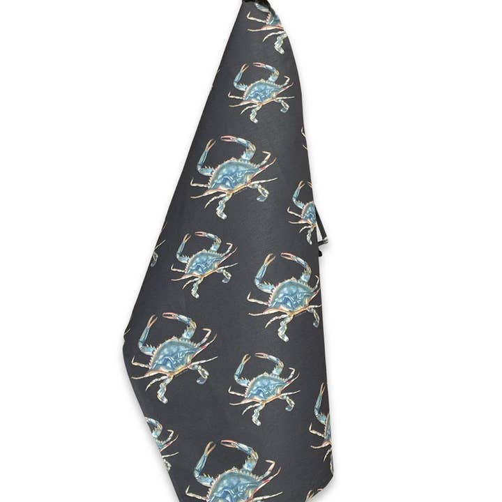 Kitchen Towel - Crab on Black Linen Cotton for wholesale by Goose and Willow