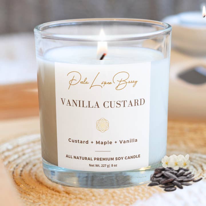Crema pasticcera alla vaniglia - Vetro trasparente da 10 once - Candela di soia completamente naturale per la vendita all'ingrosso da parte di Perla López Baray