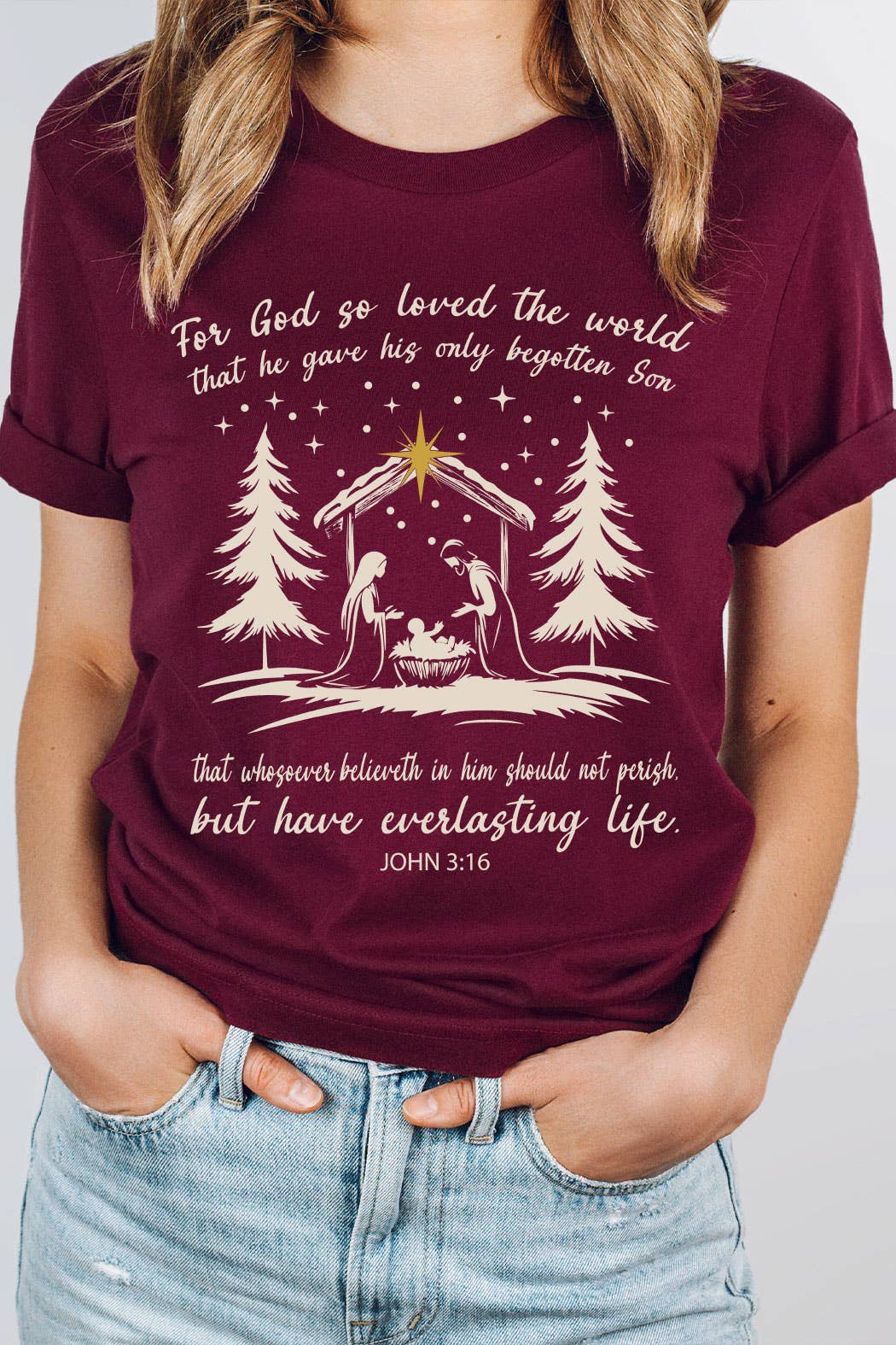 Kissed Apparel - Wholesale Screen Printed T-Shirt - Women's - For God So Loved The world Nativity Graphic Tee3