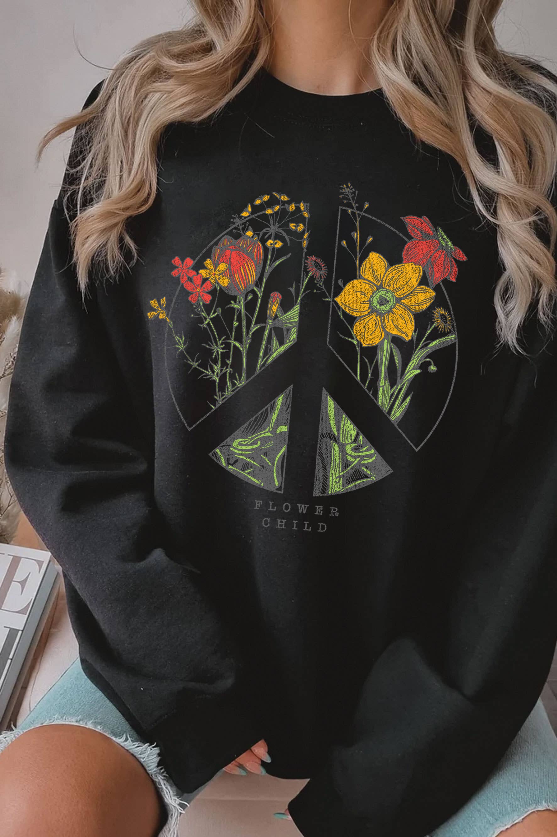 Rustee Clothing – Camisola gráfica - Mulher por atacado – SWEATSHIRTS GRÁFICAS DE CRIANÇA PEACE FLOWER ESCOVADO0
