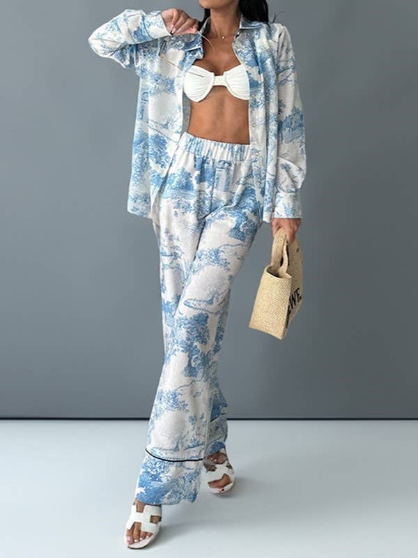 Rosa Clothing - Wholesale Lounge Set - Women's - Printed Long-Sleeved Shirt Straight-Leg Pants Lounge Set1