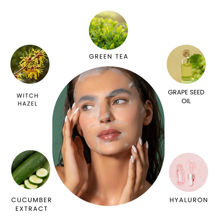 Sisters & Me GmbH - Vente Masque pour le visage - 5X MASQUE EN FEUILLE DE THÉ VERT À L'HUILE DE PÉPINS DE RAISIN ET À L'HAMAMÉLIS3