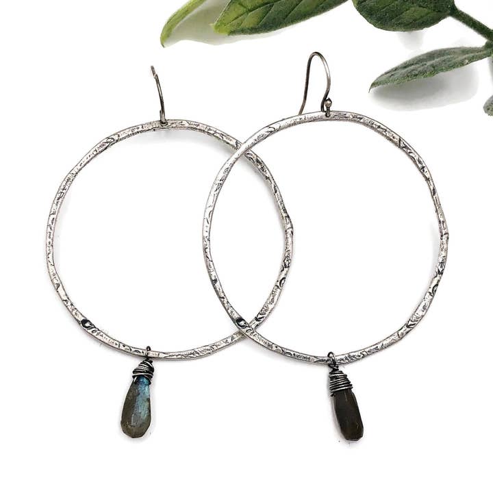 Textured LBJ hoop with semi precious gemstone. for wholesale by Fierce and Free Jewelry