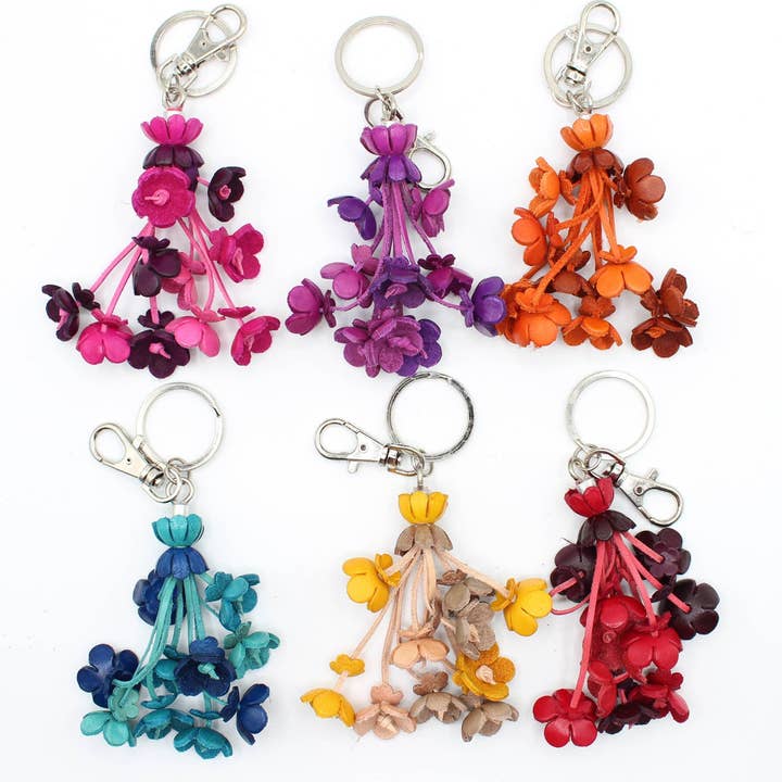leather flower key chain and purse charm for wholesale by Sunflower Handmade leather inc