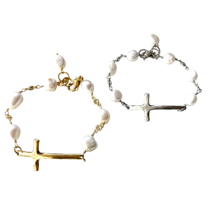 Pulsera de cruz con perla barroca - oro plata para venta al por mayor de VB&CO Designs Handmade Jewelry