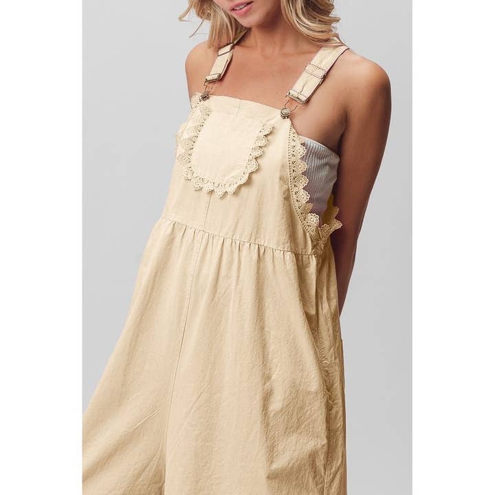 IVE - Wholesale Overalls - Women's - LACE EDGE DETAIL WIDE LEG OVERALL
