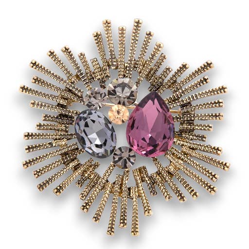 Vintage Celestial Antique Gold Mix Shape Multi Color Crystal Brooch Pin for wholesale by Simply Jewels