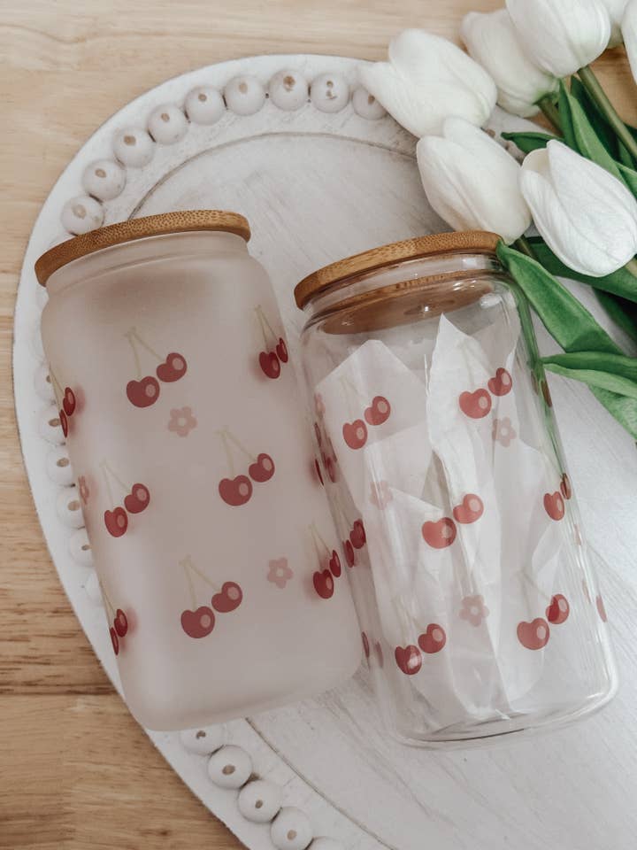 Cherries 16oz Glass Cup with Bamboo Lid for wholesale by Emma K Designs