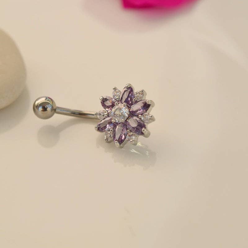 StockJWL - Wholesale Belly Ring - Lotus Flower Navel Piercing, Belly Button Ring, Belly Button Piercing, Curved Barbell, Belly Piercing, Belly Bar, Belly Ring, Purple10