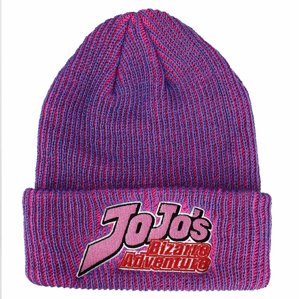 Bioworld Merchandising - Wholesale Beanie - Women's - JoJo's Bizarre Logo Flat Embroidery on Pink Purple Two-Tone Ribbed Acrylic Knitted Beanie Hat0