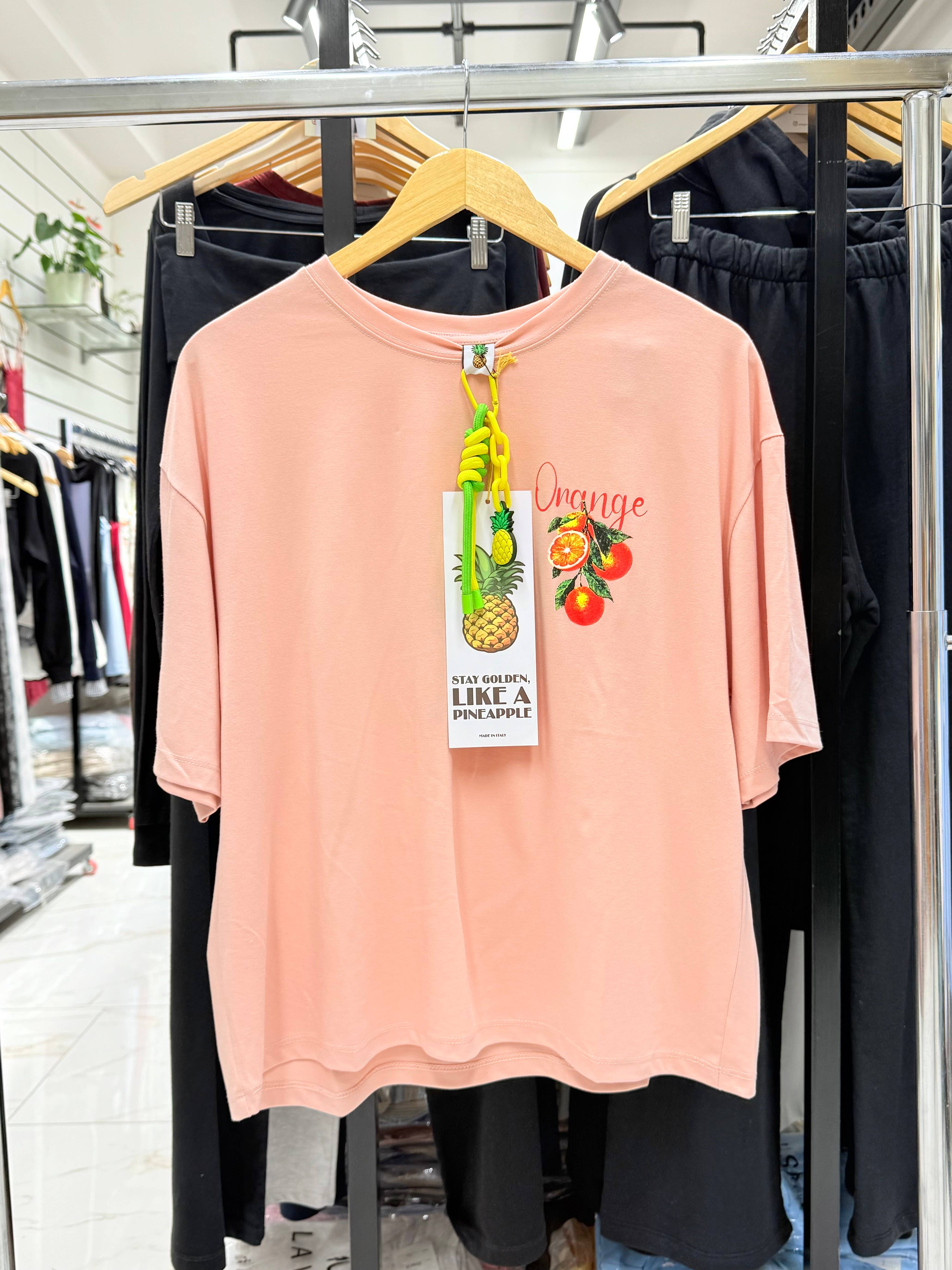 Pink Regular-fit orange print boxy t-shirt with charm decoration for wholesale on Faire0