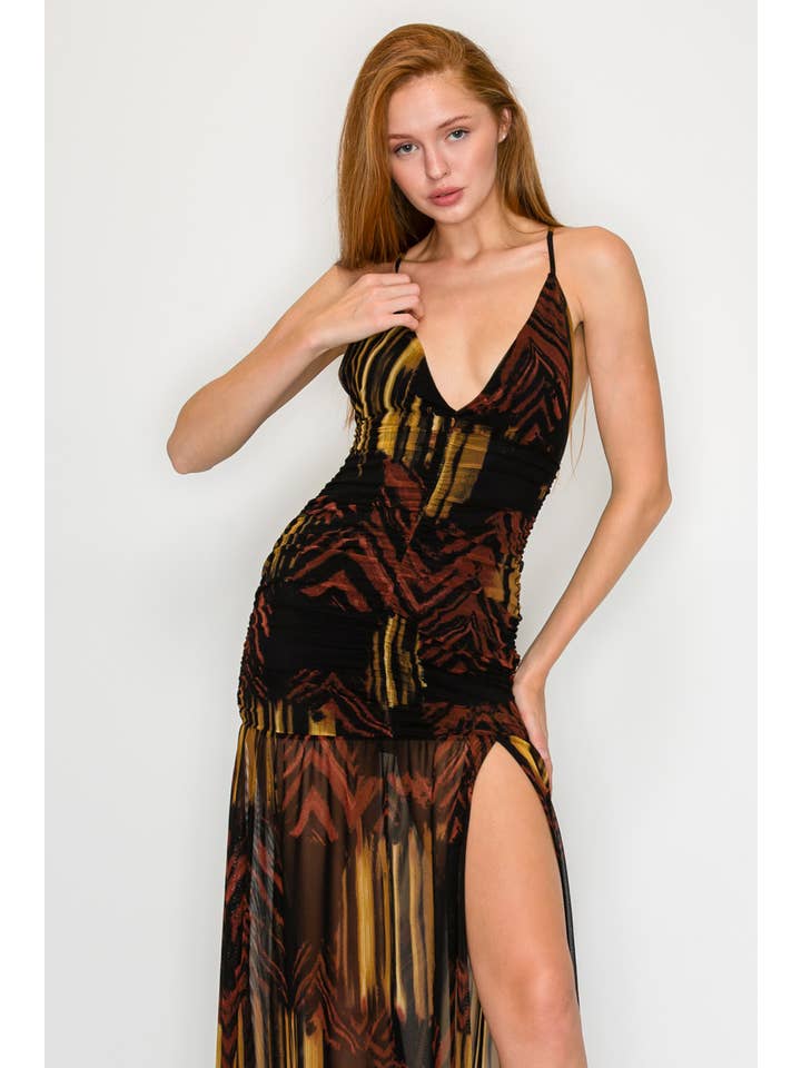 BLACK MUSTARD KD9865-PRINT MESH MAXI DRESS for wholesale on Faire2