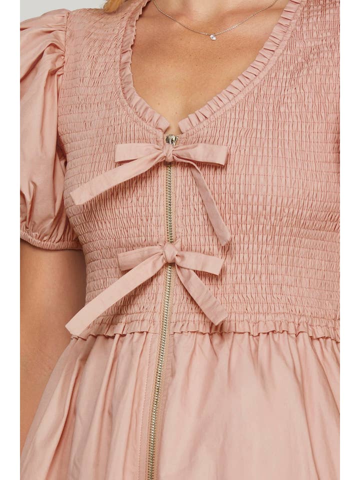 Bestto - Wholesale Dress - Women's - CUTE BOW TIE SHORT PUFF SLEEVES SMOCK SUMMER DRESS5