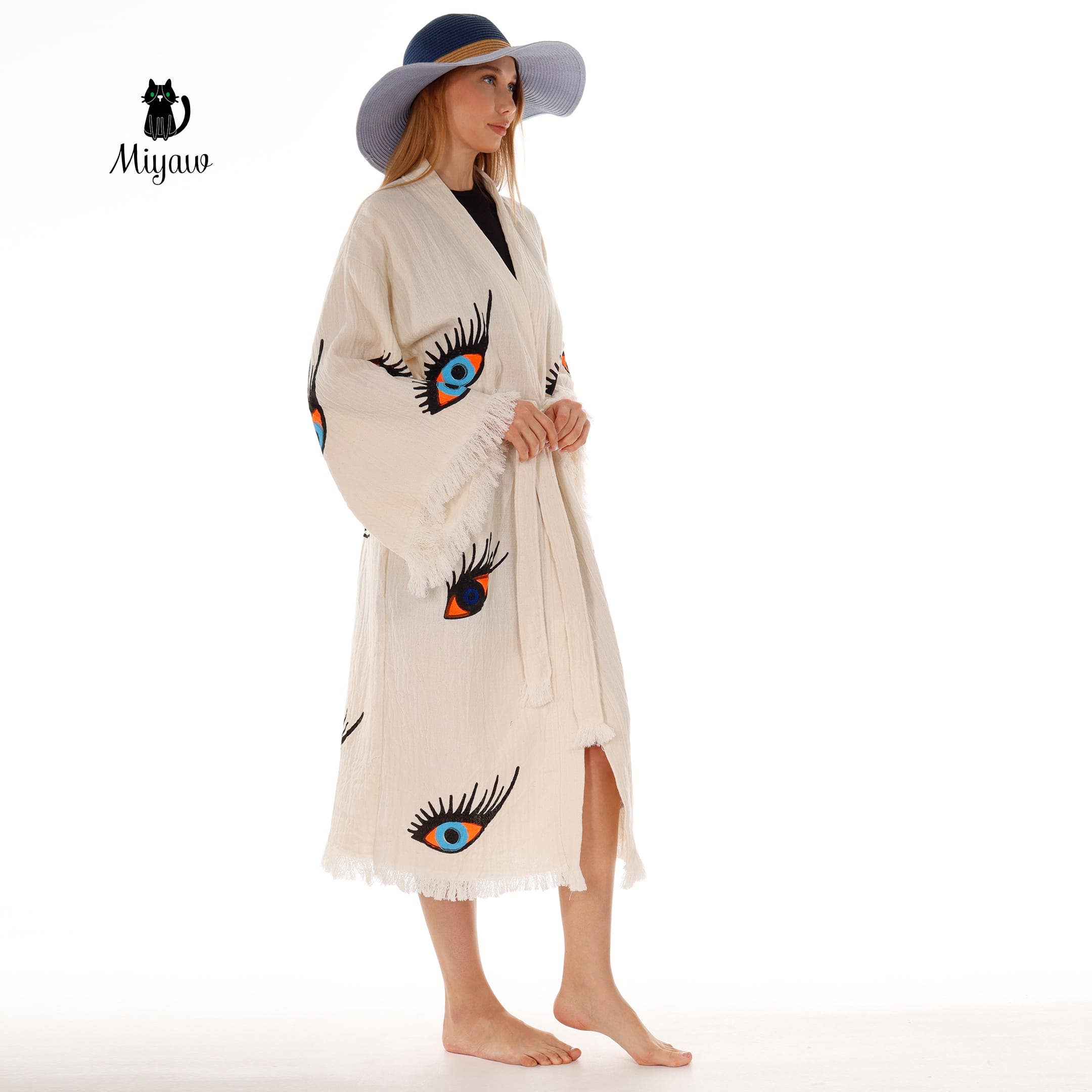 Beige Organic Cotton Evil Eye Kaftan, Kimono Robe for Home for wholesale on Faire3