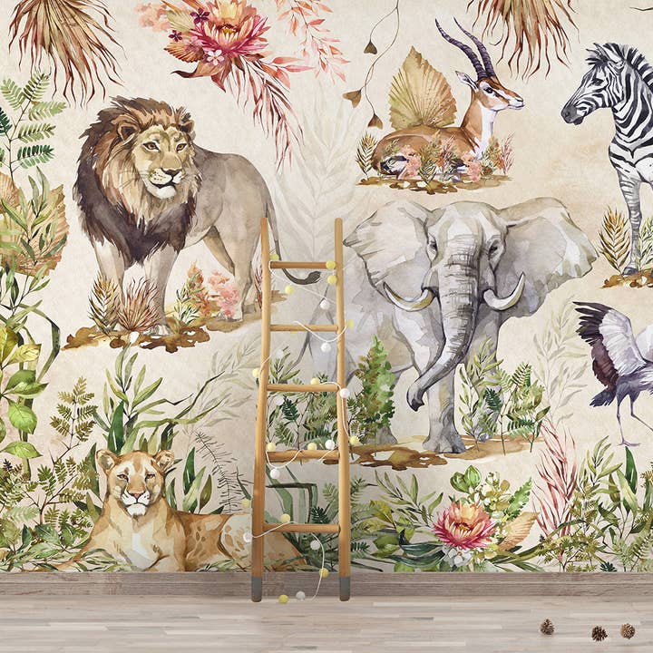 Papier peint jungle safari, fresque murale amovible à peler et coller pour la vente par SimurgWallArts