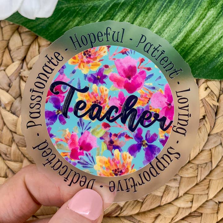 Lärare, Ljus Blommig Klar Vinyl, Klistermärke, 3x3 tum för wholesale av Savannah and James Co