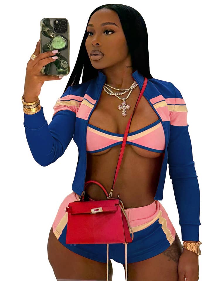 MB Fashion Wholesale - Wholesale Top & Short Set (NOT Loungewear) - Women's - MB FASHION Three-Piece Zip-Up Jacket, Crop Top, and Lace-Up Shorts Set 5029LY3