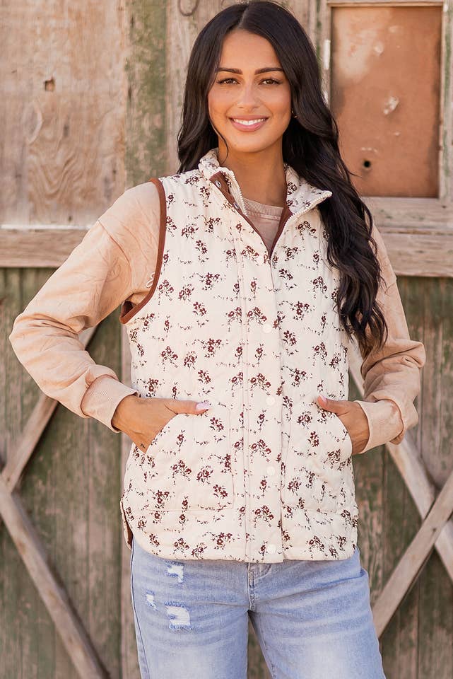 As shown Fashion-W Floral Print Zip Up Quilted Vest for wholesale on Faire2