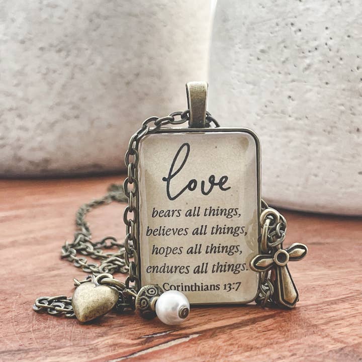 Love Bears All Things 1Corinthians 13:7 Bible verse Necklace for wholesale by Ivy Barn Designs