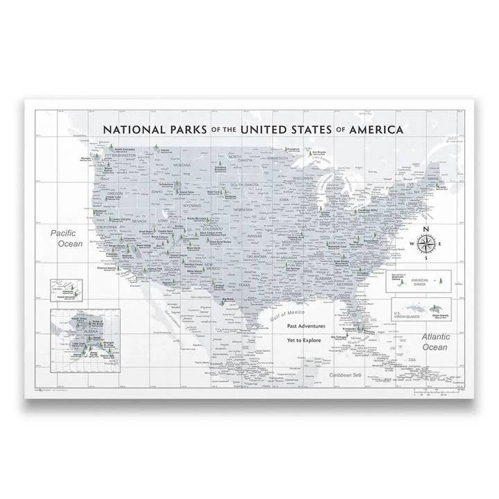 Push Pin National Parks Map - Light Gray Color Splash - Pins Included! for wholesale by Conquest Maps