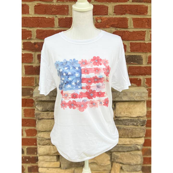 USA Floral Flag on White Tee for wholesale by RMN Wholesale