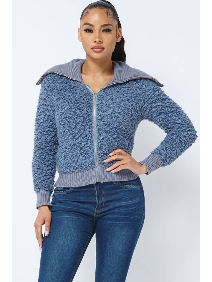 Dusty Blue Long Sleeve Shaggy Jacket With Front Zipper for wholesale on Faire3