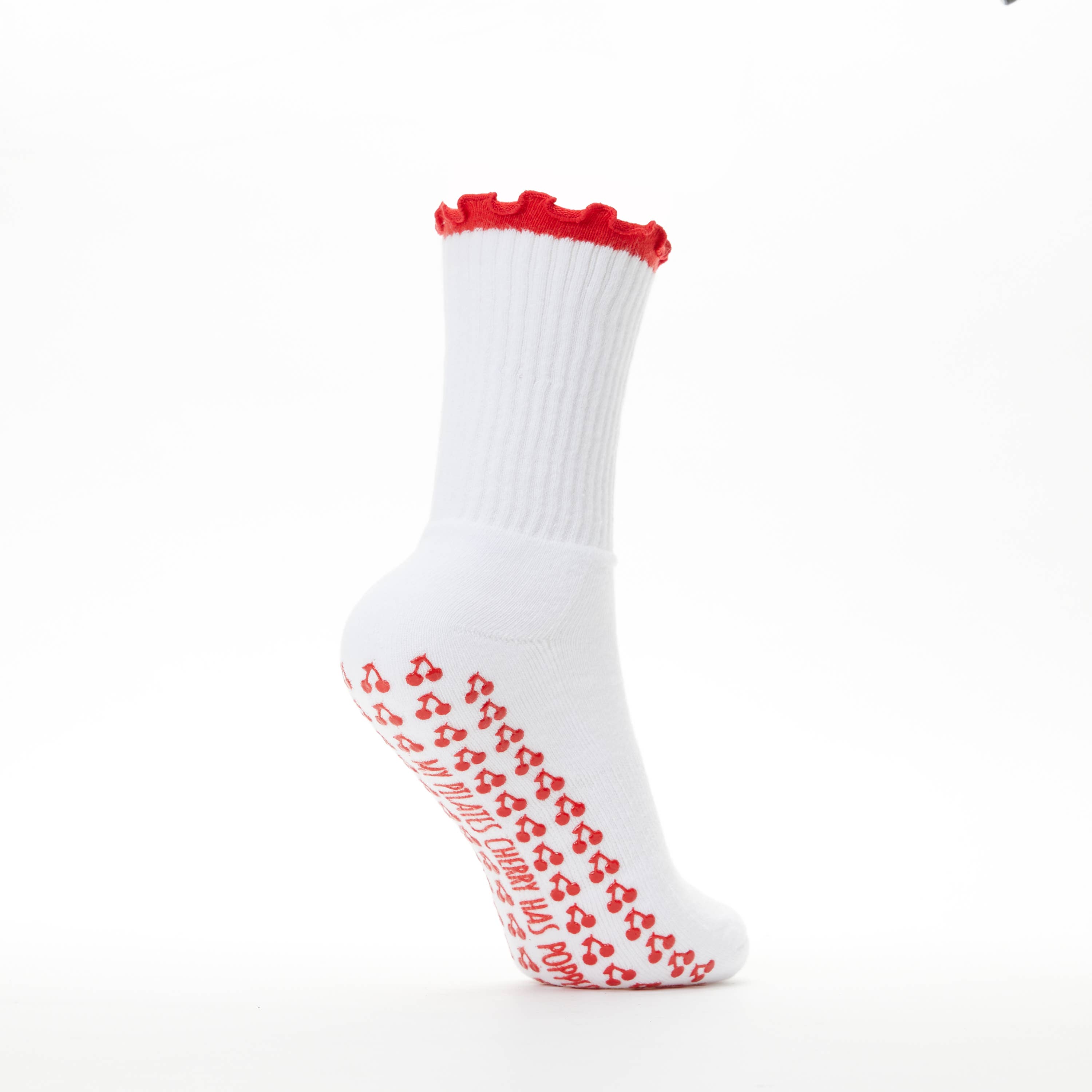 White Popped My Cherry Pilates Grip Socks for wholesale on Faire15