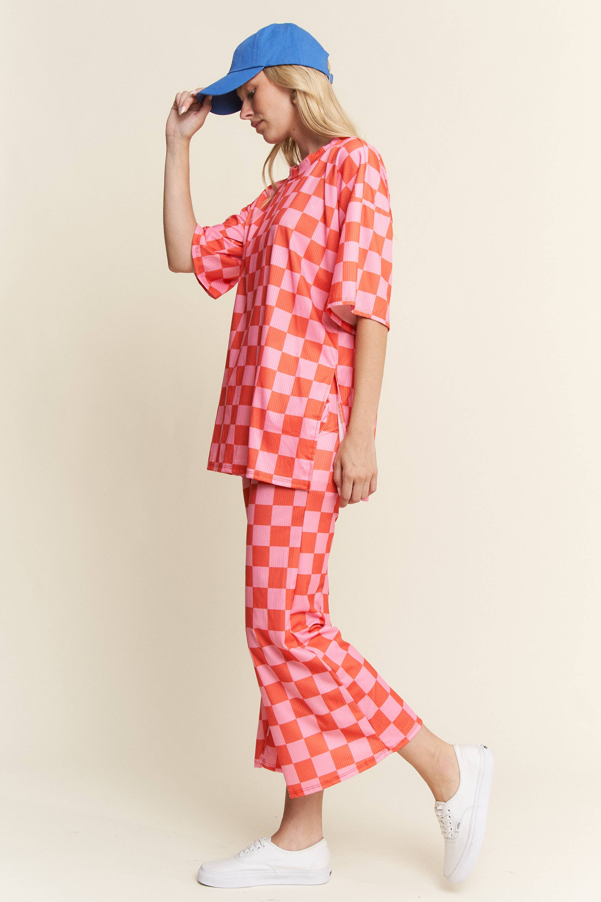 JADE BY JANE - Wholesale Lounge Set - Women's - RIBBED CHECKERED PRINT TOP/STRAIGHT LEG PANTS SET23