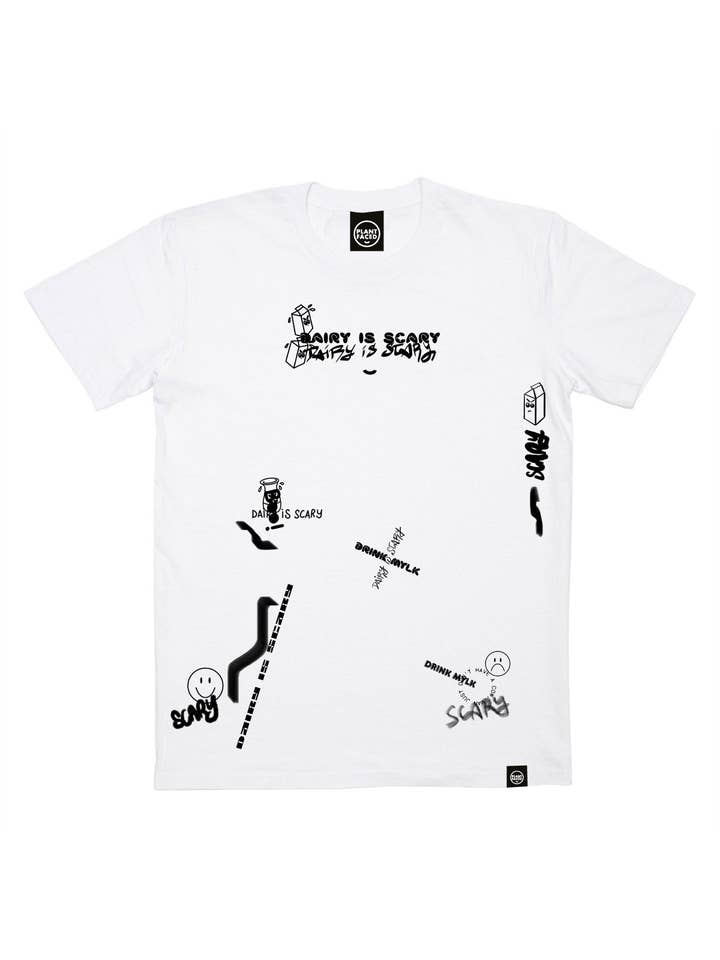 Plant Faced Clothing - Wholesale Screen printed t-shirt – unisex - Dairy Is Scary Graffiti Collage Print - White T-Shirt