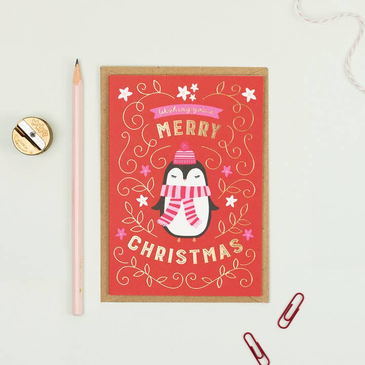 Merry Christmas Penguin Card for wholesale by Mifkins