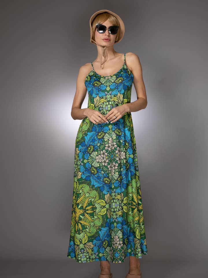 Botaniske Illustrationer Tryk Blå Slip Maxi Kjole for engroshandel hos Nuvula