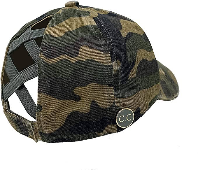 Funky Junque - Vendita all'ingrosso Cappello per coda di cavallo - Donna - Cappellino a coda di cavallo Criss Cross con bottoni (Camo Olive)1
