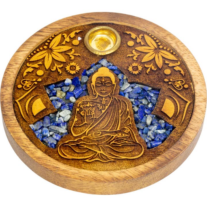 Runder Holz-Räucherstäbchenhalter mit Lasergravur – Buddha mit Sodalit für den Großhandel von Kheops International