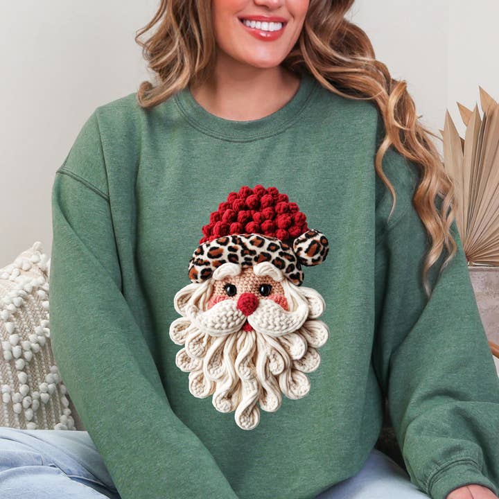 🎅 Leopard Pom Knit Santa Sweatshirt – Vintage Green for wholesale by Top Knot Apparel