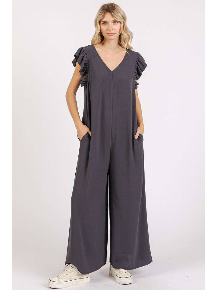mittoshop - Wholesale Jumpsuit - Women's - AIRFLOW V-NECK RUFFLE SLEEVE WIDE LEG JUMPSUIT