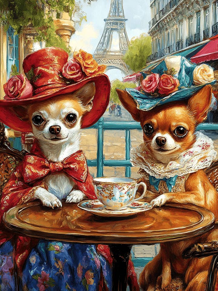 Chihuahuas at a Paris Cafe - Pet Dog Still Life Wall Art Prints – 8″x10″ Artwork for 11″x14″ Frame for wholesale by Mowbi