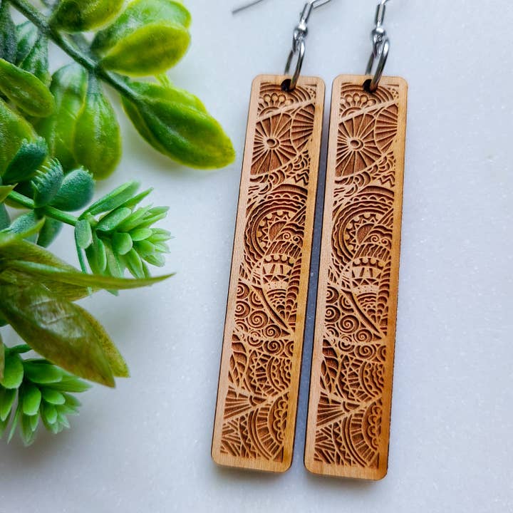 Zen Web Framed Wood Earrings for wholesale by LITTLE BLUE BUS JEWELRY