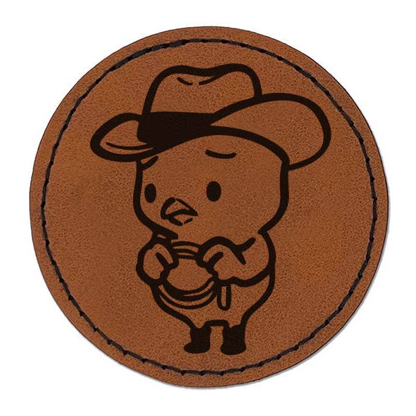 Nervous Baby Chicken Cowboy Rodeo Lasso Chick Round Iron-On Engraved Faux Leather Patch Applique - 2.5 Inch for wholesale by Sniggle Sloth
