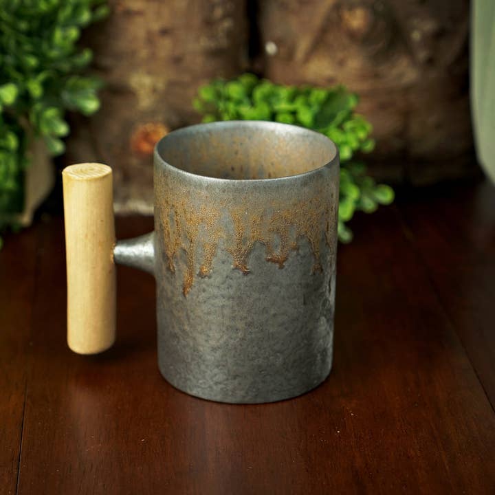 Backwoods Provisions - Wholesale Coffee Mug - Iron Bronze Glazed Ceramic Mug with Wooden Handle