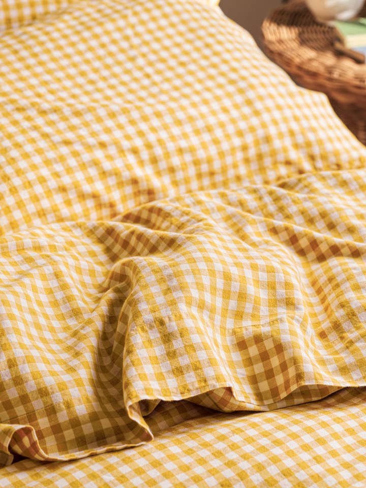 Honey Gingham Linen Blend Flat Sheet for wholesale by Piglet in Bed USA