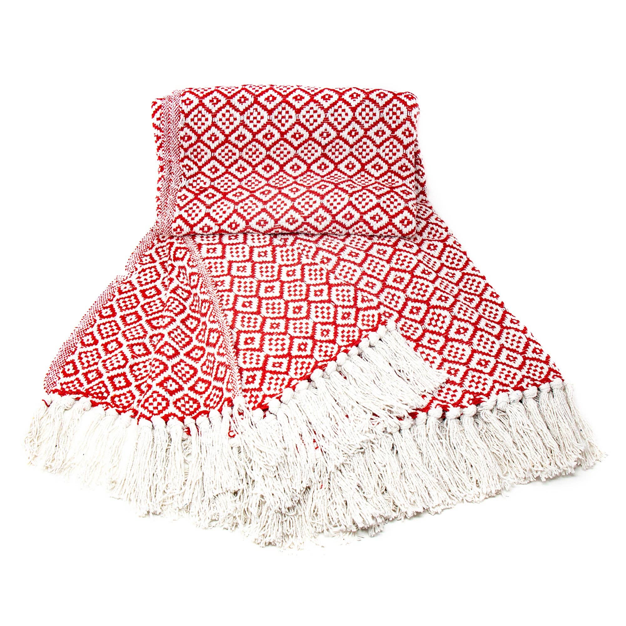 Global Crafts - Wholesale Throw Blanket - Recycled Cotton Decorative Throw with Tassels, Red & White2