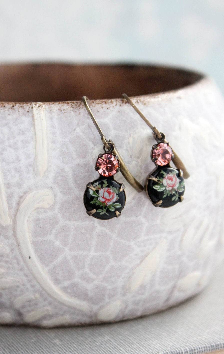 A Pocket of Posies - Wholesale Dangle Earrings - Little Cameo Earrings - Vintage Glass  - Pink Rose on Black8